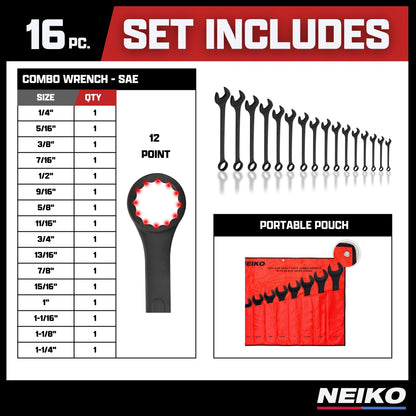 NEIKO 03574A Jumbo Combination Wrench Set | 16 Piece | SAE | 1/4” to 1-1/4” | Raised Panel Construction