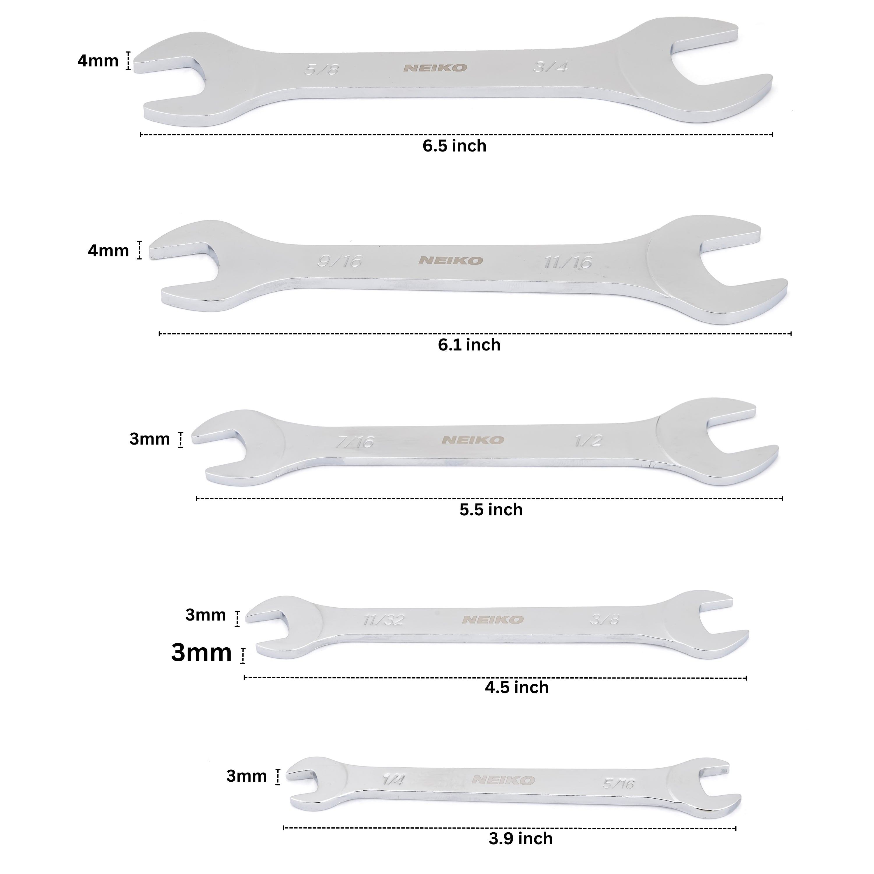 Super Thin SAE Wrench Set, 3-4mm Thick Double Open Ended, Standard Span (5-Piece)