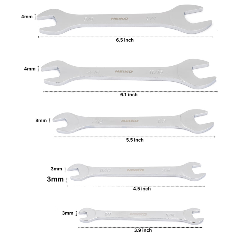 Neiko 03580A Super Thin SAE Wrench Set, 3-4mm Thick, 5 Piece, Double Open Ended, Standard Span, Slim Profile