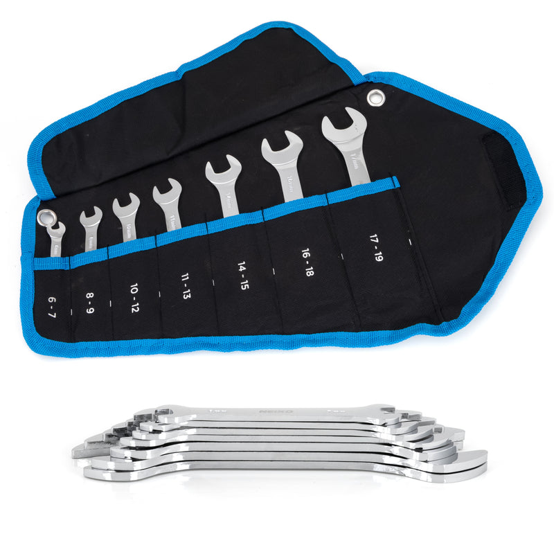 Neiko 03581A Super Thin Wrench Set Metric, 3-4mm Thick, 7 Piece Small Double Open End Slim Wrench Set, Metric Spanner Wrench Set, 14 Sizes from 6mm to 19mm, Angle Open Ended Skinny Wrench