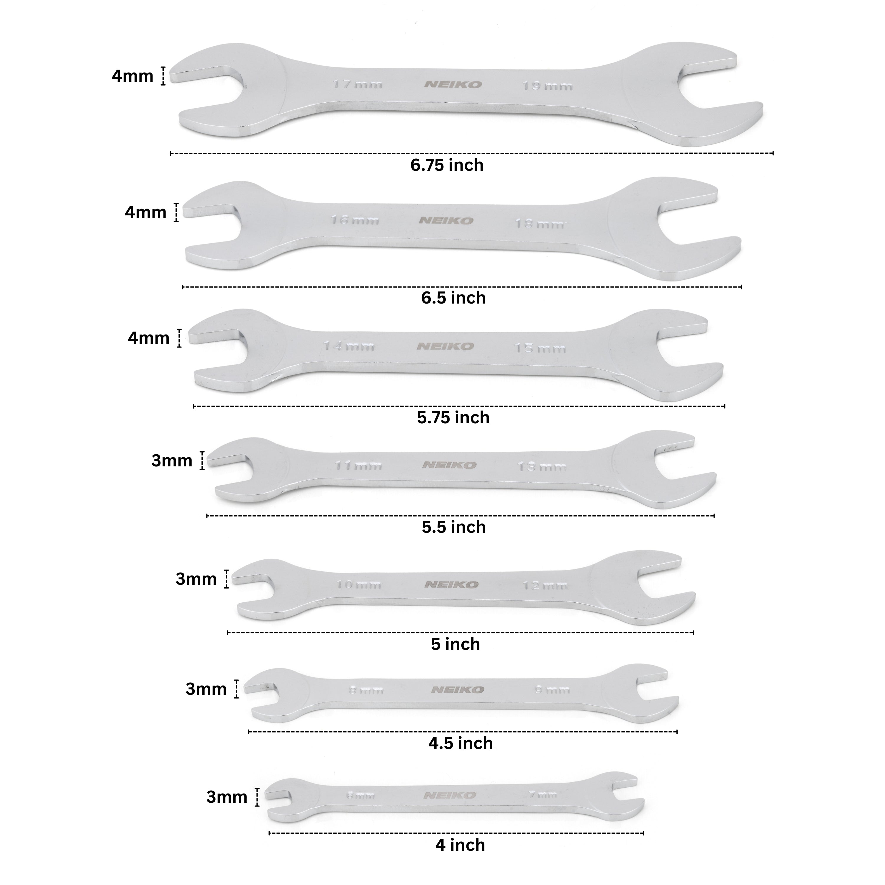 Super Thin Wrench Set, 3-4mm Thick Metric Sizes 6-19mm (7-Piece)