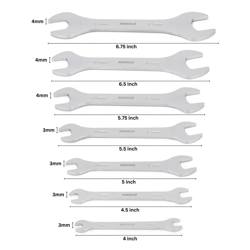 Neiko 03581A Super Thin Wrench Set, 3-4mm Thick, 7 Piece, Metric Sizes 6-19mm