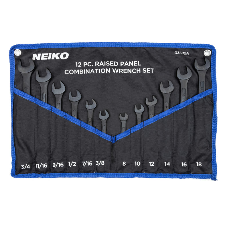 NEIKO 03582A Combination Wrench Set, 12 Pc Raised Panel Combo Wrenches Set, Metric and Standard, Black Oxide Drop Forged Carbon Steel, Mechanic Open End Wrench Set, Small Box End Wrench Set SAE & MM