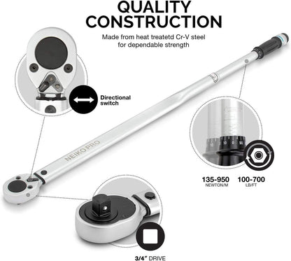 NEIKO PRO 03710B 3/4-Inch-Drive Adjustable SAE Torque Wrench with Torque Click Settings of 100–700 Foot-Pound, Made with CrV Steel, 48-Inch Length