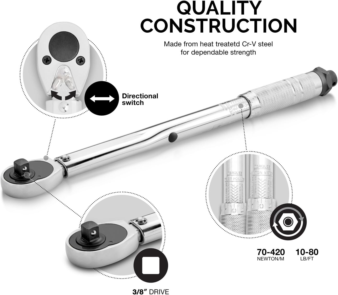 3/8” Drive Adjustable Click Torque Wrench – SAE, 10–80 ft-lb, Cr-V Steel