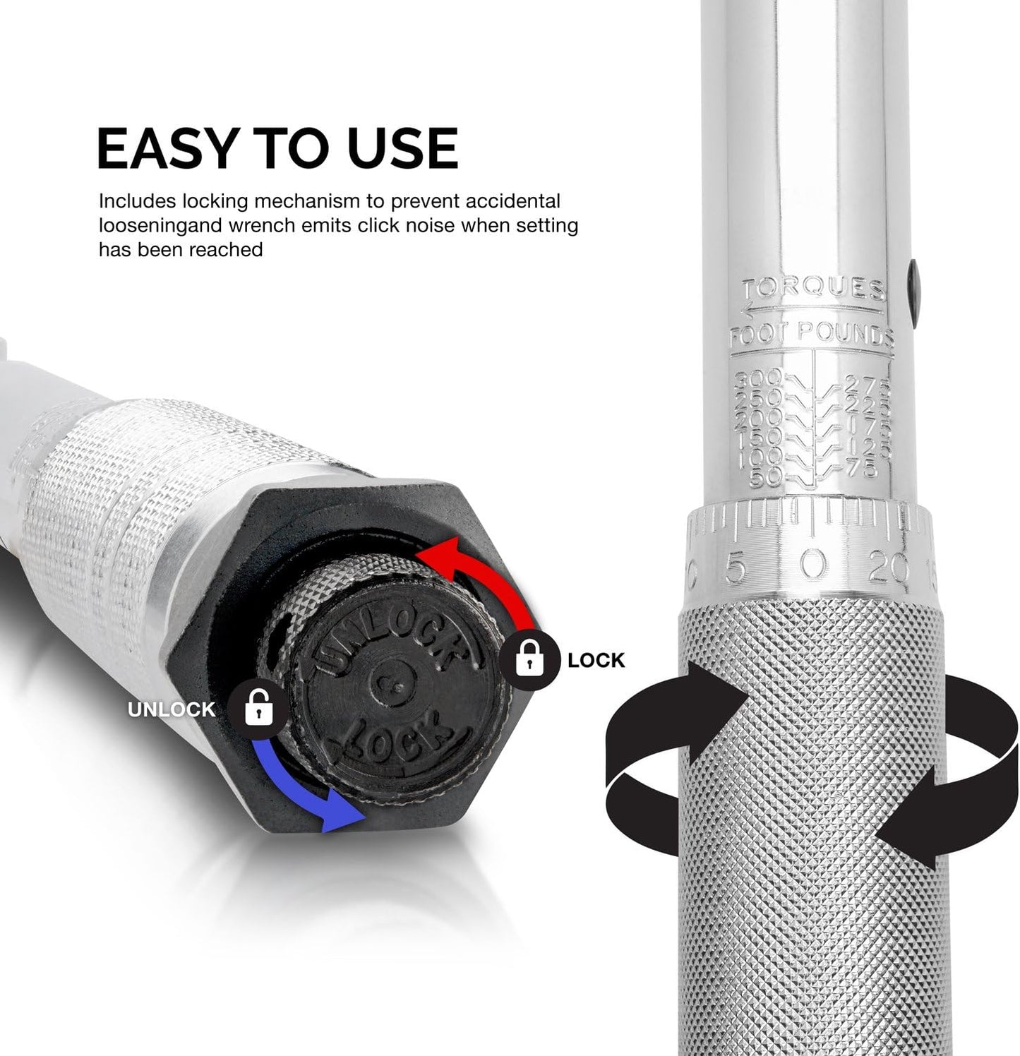 3/8” Drive Adjustable Click Torque Wrench – SAE, 10–80 ft-lb, Cr-V Steel