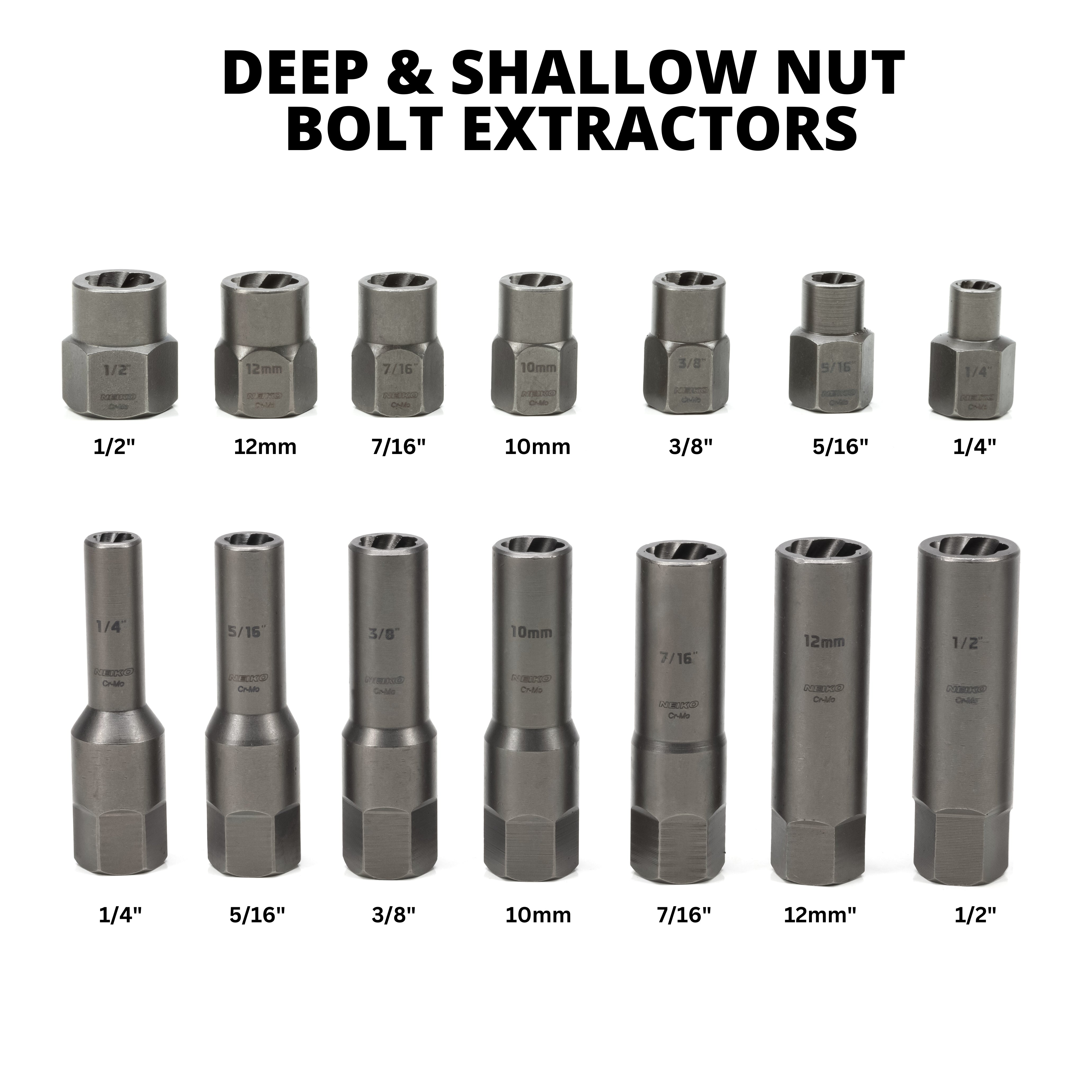 Impact Bolt & Nut Extractor Socket Set – Deep & Shallow, 3/8” Drive (14-Piece)