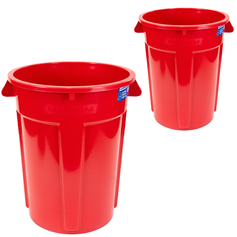 MAGNUM 55 Gallon Trash Can, High-Vis Red, Construction Grade, Heavy Duty Plastic, Jobsite Ready for Handling and Holding Garbage CMTC-C000-55R02 (2 Pack)