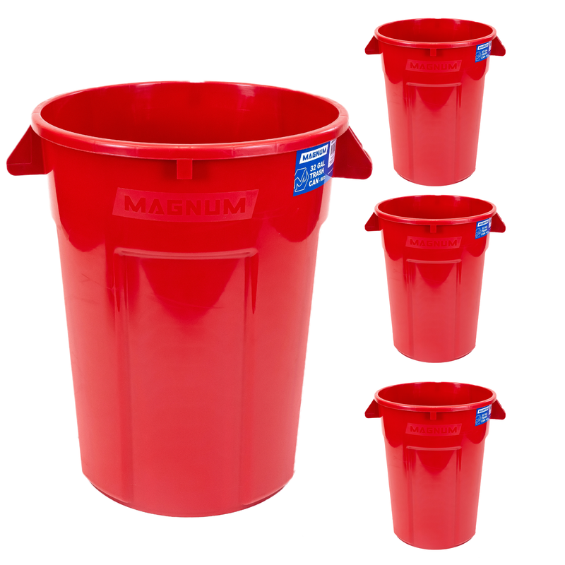MAGNUM 32 Gallon Trash Can, High-Vis Red, Construction Grade, Heavy Duty Plastic, Jobsite Ready for Handling and Holding Garbage CMTC-C000-32R04 (4 Pack)