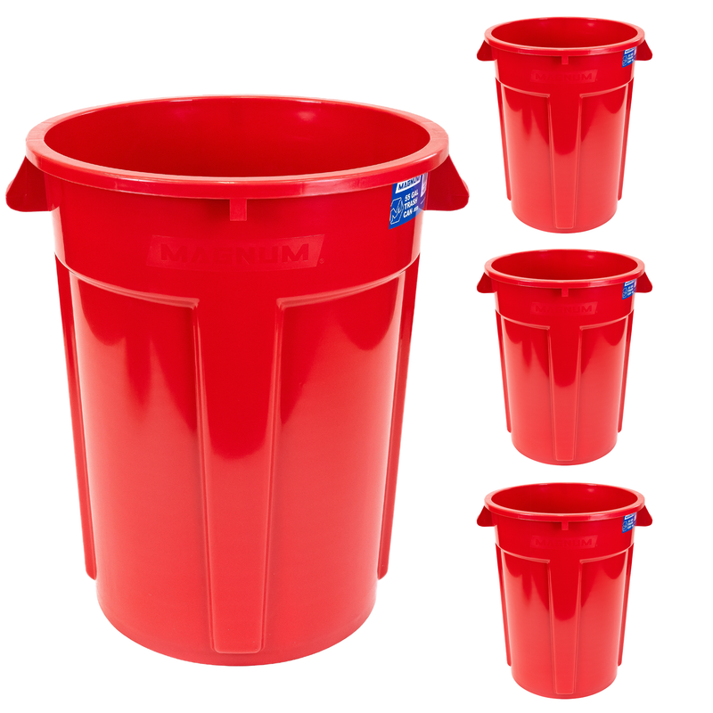 MAGNUM 55 Gallon Trash Can, High-Vis Red, Construction Grade, Heavy Duty Plastic, Jobsite Ready for Handling and Holding Garbage CMTC-C000-55R04 (4 Pack)