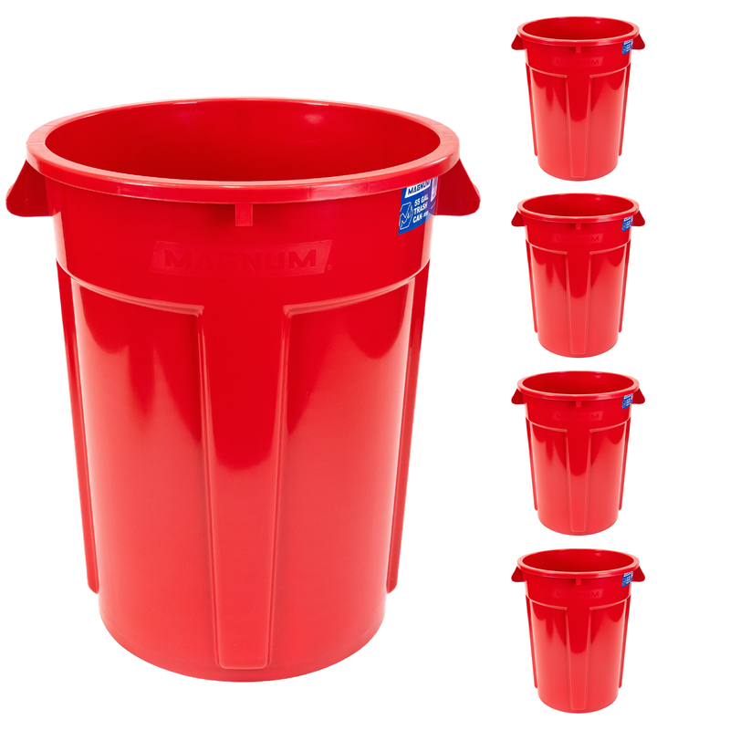 MAGNUM 55 Gallon Trash Can, High-Vis Red, Construction Grade, Heavy Duty Plastic, Jobsite Ready for Handling and Holding Garbage CMTC-C000-55R05 (5 Pack)