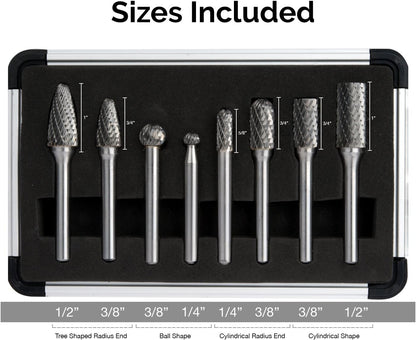 Carbide Rotary Burr Set – Double Cut, 1/4” Shank (8-Piece)