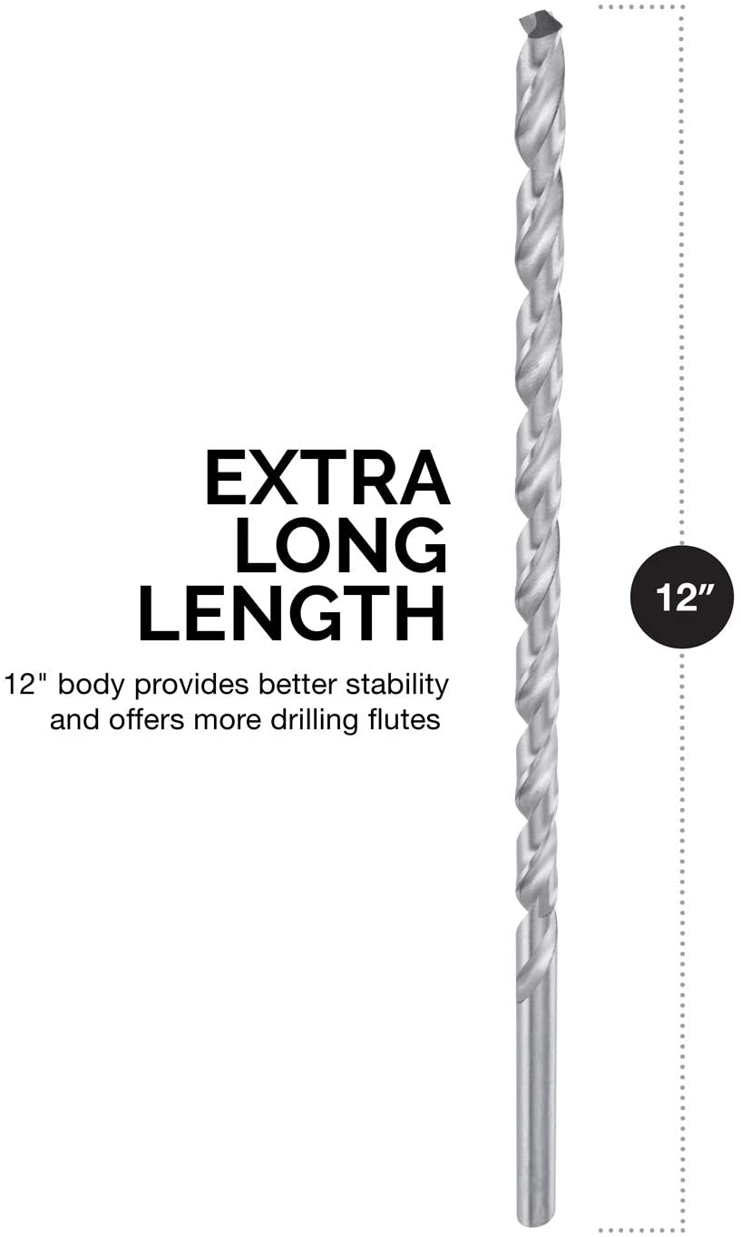 Extra Long Drill Bit Set M2 HSS Steel, 12" Length, 1/8, 3/16, 1/4, 5/16, & 3/8" (5-Piece)