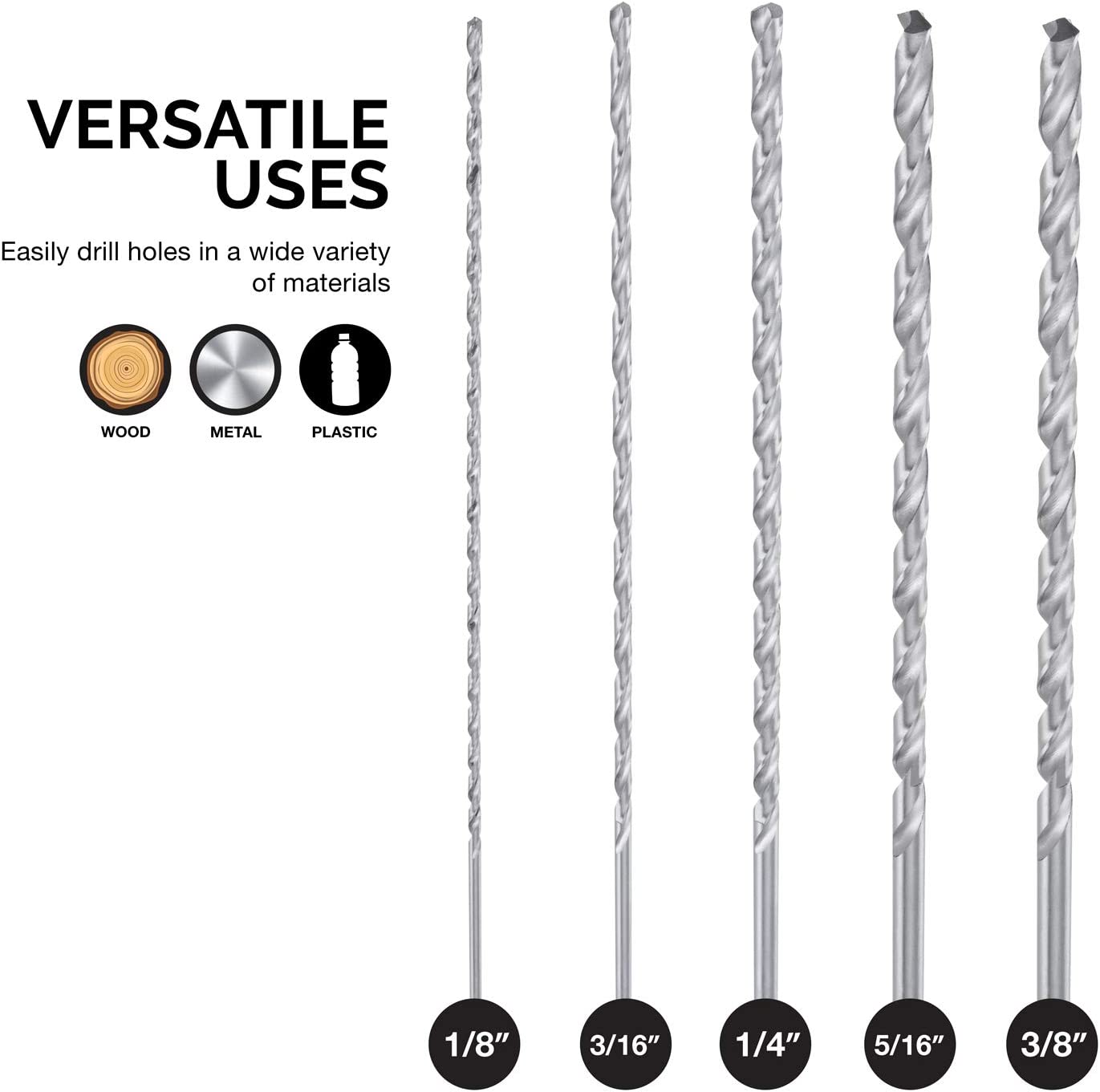 Extra Long Drill Bit Set M2 HSS Steel, 12" Length, 1/8, 3/16, 1/4, 5/16, & 3/8" (5-Piece)