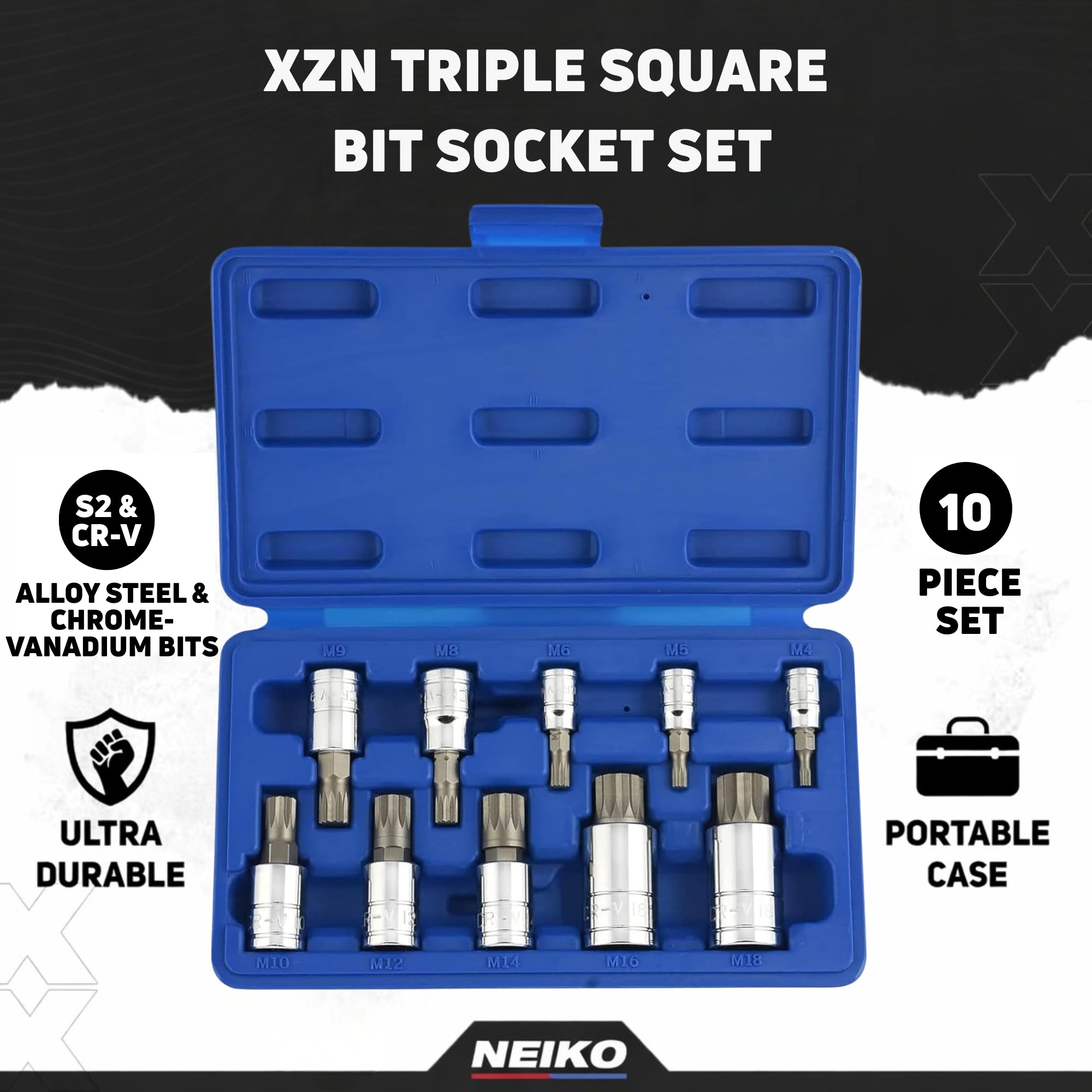 1/4", 3/8" & 1/2" Drive XZN Triple Square Spline Bit Socket Set Cr-V Sockets & S2 Steel Bits (10-Piece)