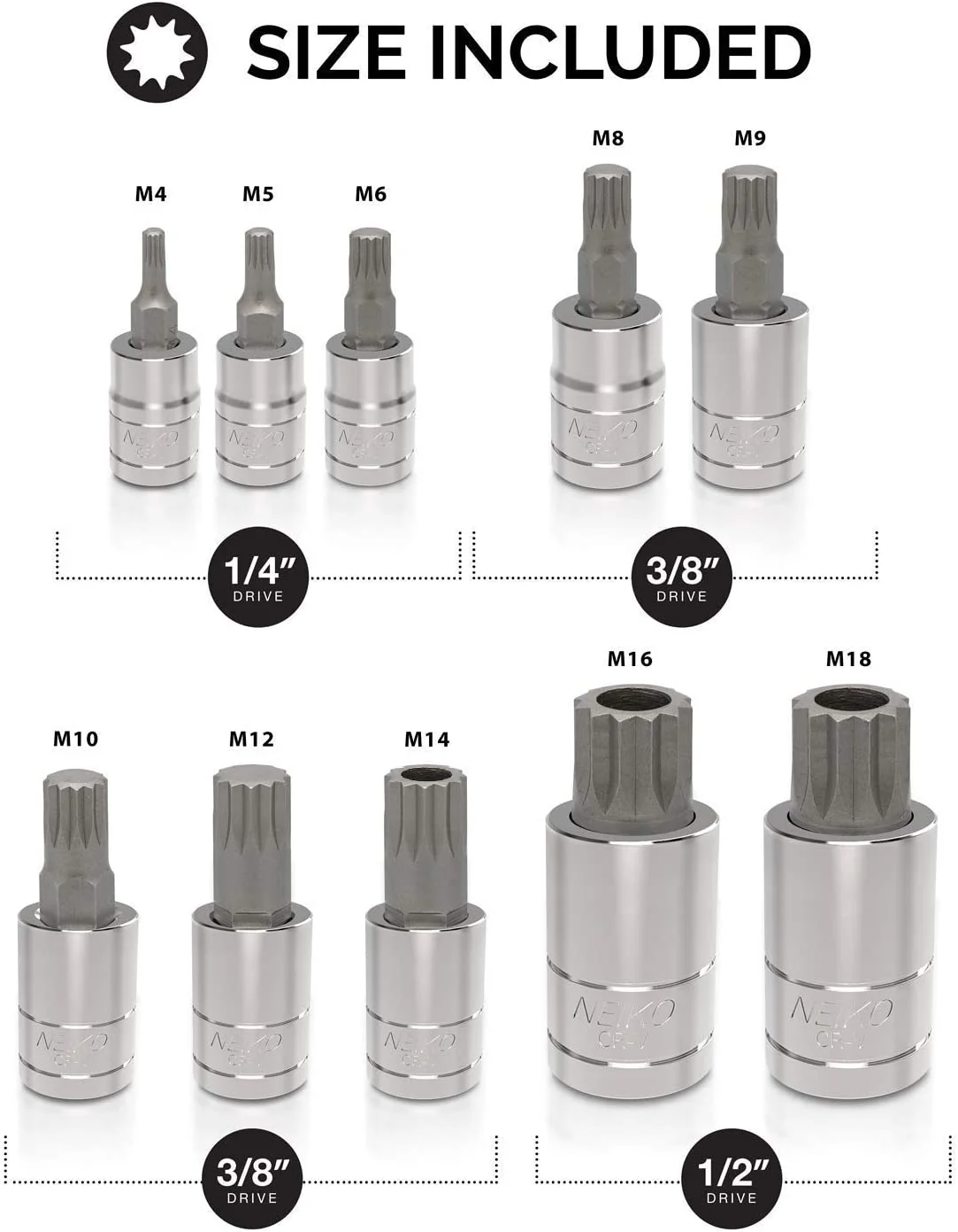 1/4", 3/8" & 1/2" Drive XZN Triple Square Spline Bit Socket Set Cr-V Sockets & S2 Steel Bits (10-Piece)