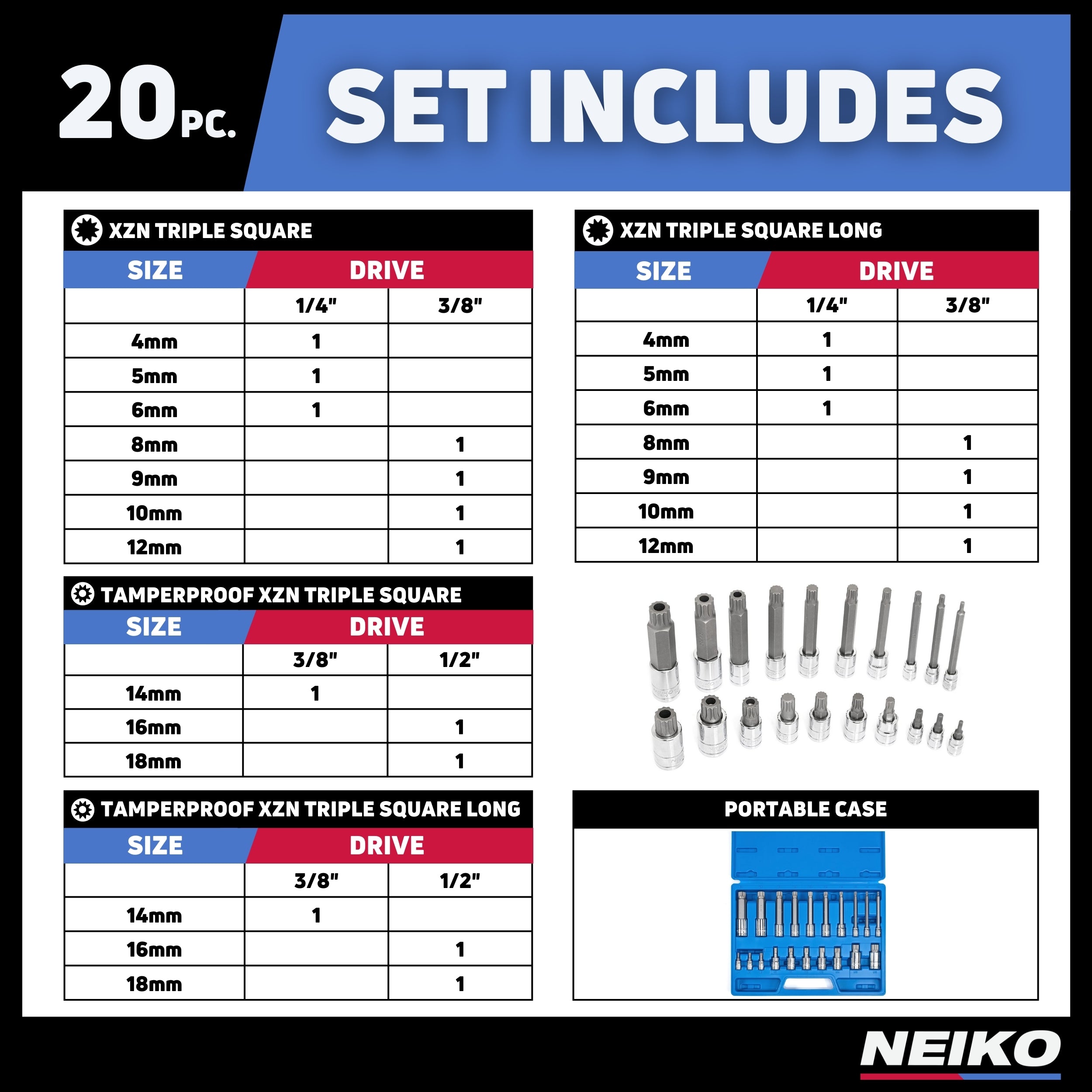 NEIKO XZN Triple Square Bit Socket Set – Extra-Long 4”, 4 – NEIKO®