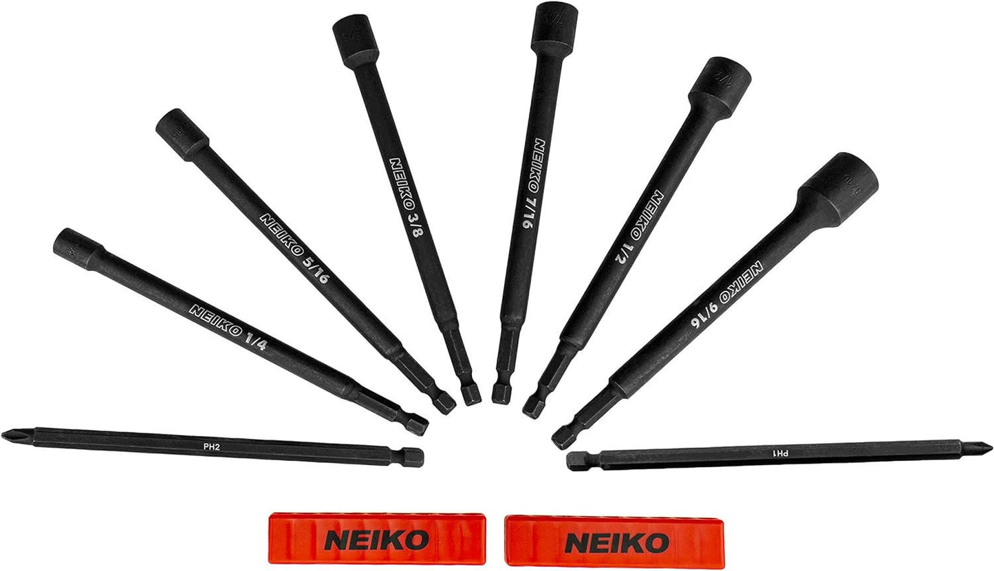 NEIKO 10067A Magnetic Impact Nut Driver and Power Bit Tool Set | 8 Pieces, SAE | 6 Inches | Shank Nut Driver Bits Setters | Magnetic Tip Sockets | 1/4 Inch Hex Shank