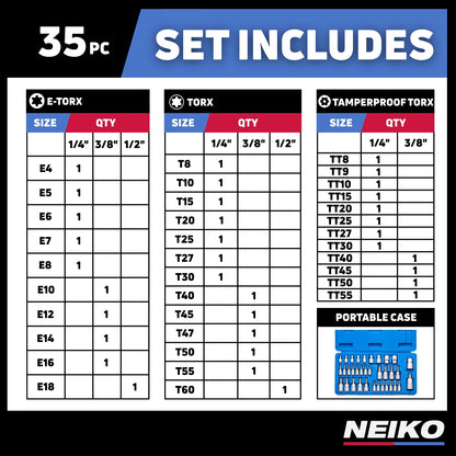 Neiko 10070A Torx Bit Socket and E-Torx Star Socket Set | 35-Piece Set, S2 and Cr-V Steel, 1/4”, 3/8” and 1/2-Inch Drive