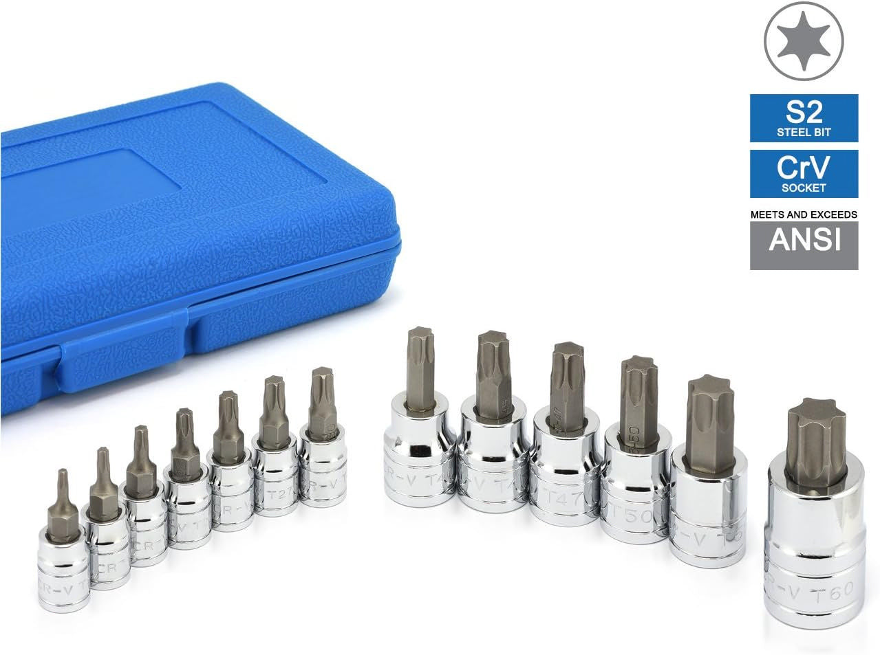 Torx Bit Socket Set, S2 & Cr-V Steel, 1/4", 3/8" & 1/2" Drive, 2mm to 14mm, Torx Bit Set (13-Piece)