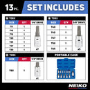 NEIKO 10071A 13-Piece Torx Bit Socket Set, S2 and Cr-V Steel, 1/4-Inch, 3/8-Inch and 1/2-Inch Drive, 2mm to 14mm, Torx Bit Set, Torque Bit Set, Torx Socket Set