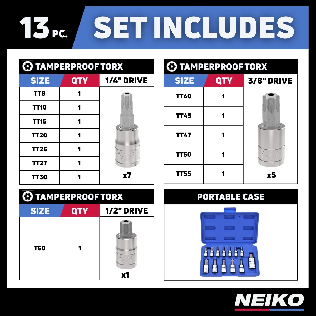 NEIKO 10073A Tamper Proof Torx Bit Socket Set |13-Piece | S2 Steel Bits & Cr-V Steel Sockets | TT8 – TT60