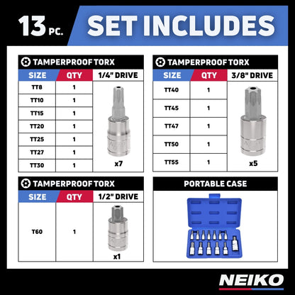 NEIKO 10073A Tamper Proof Torx Bit Socket Set |13-Piece | S2 Steel Bits & Cr-V Steel Sockets | TT8 – TT60