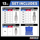 NEIKO 10073A Tamper Proof Torx Bit Socket Set |13-Piece | S2 Steel Bits & Cr-V Steel Sockets | TT8 – TT60