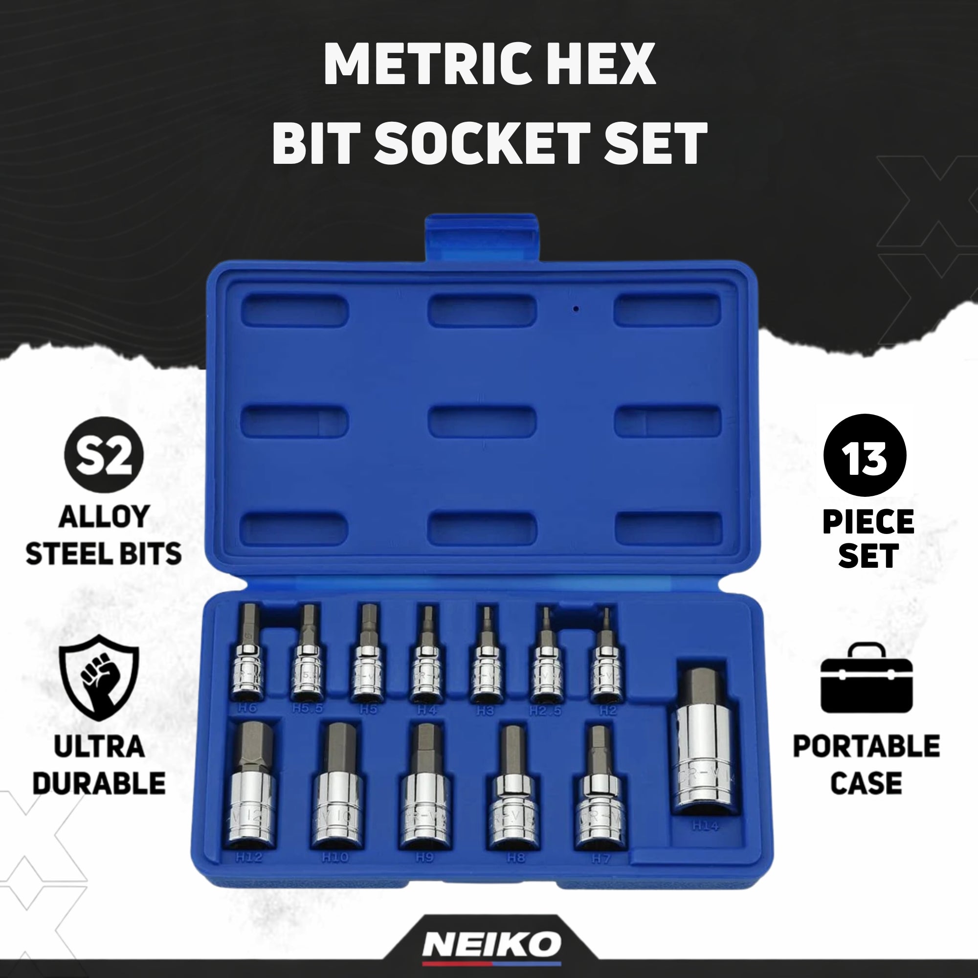 NEIKO Metric Hex Bit Socket Set S2 & Cr-V Steel, 1/4