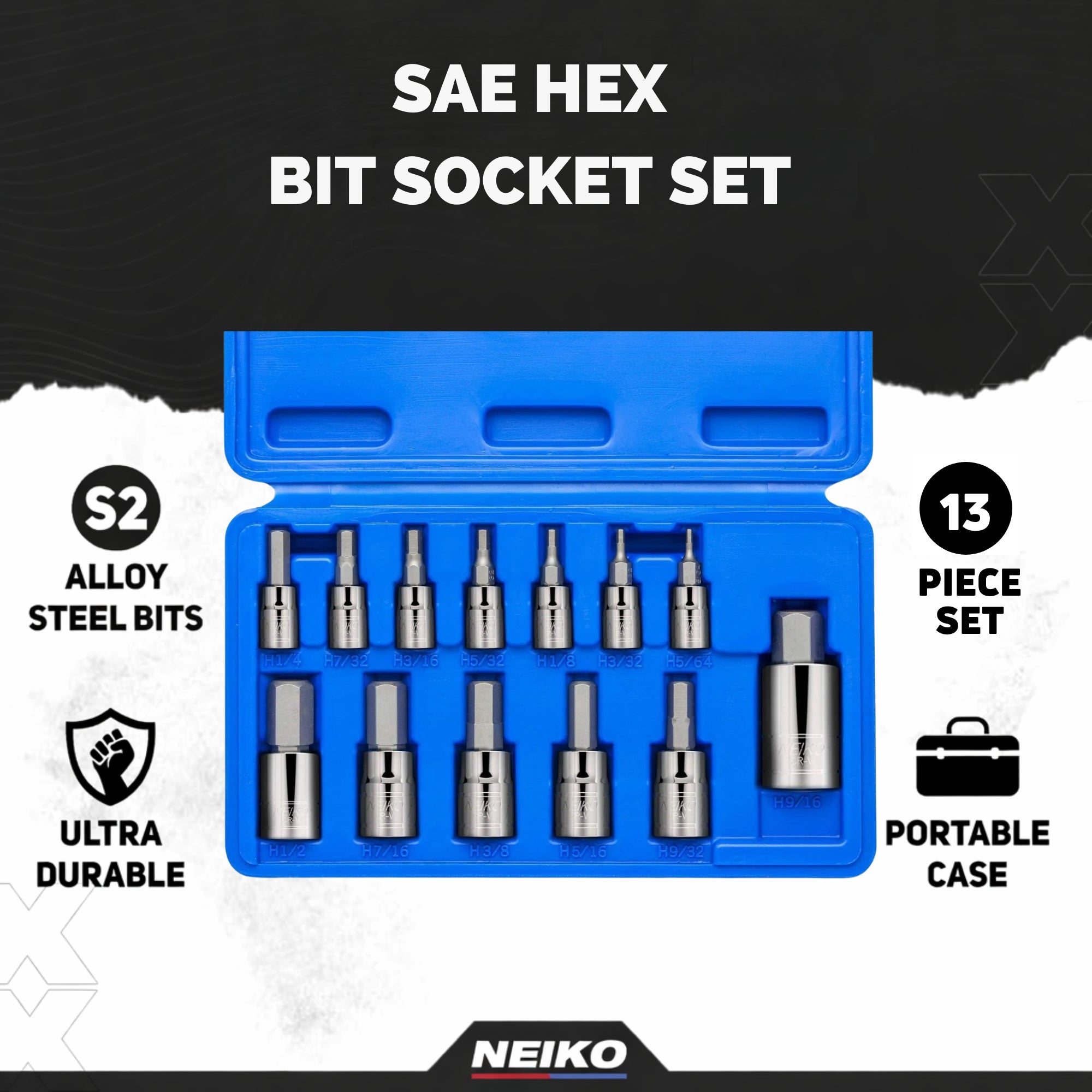 SAE Hex Bit Socket Set — S2 & CrV Steel, 1/4", 3/8" & 1/2" Drive (13-Piece)