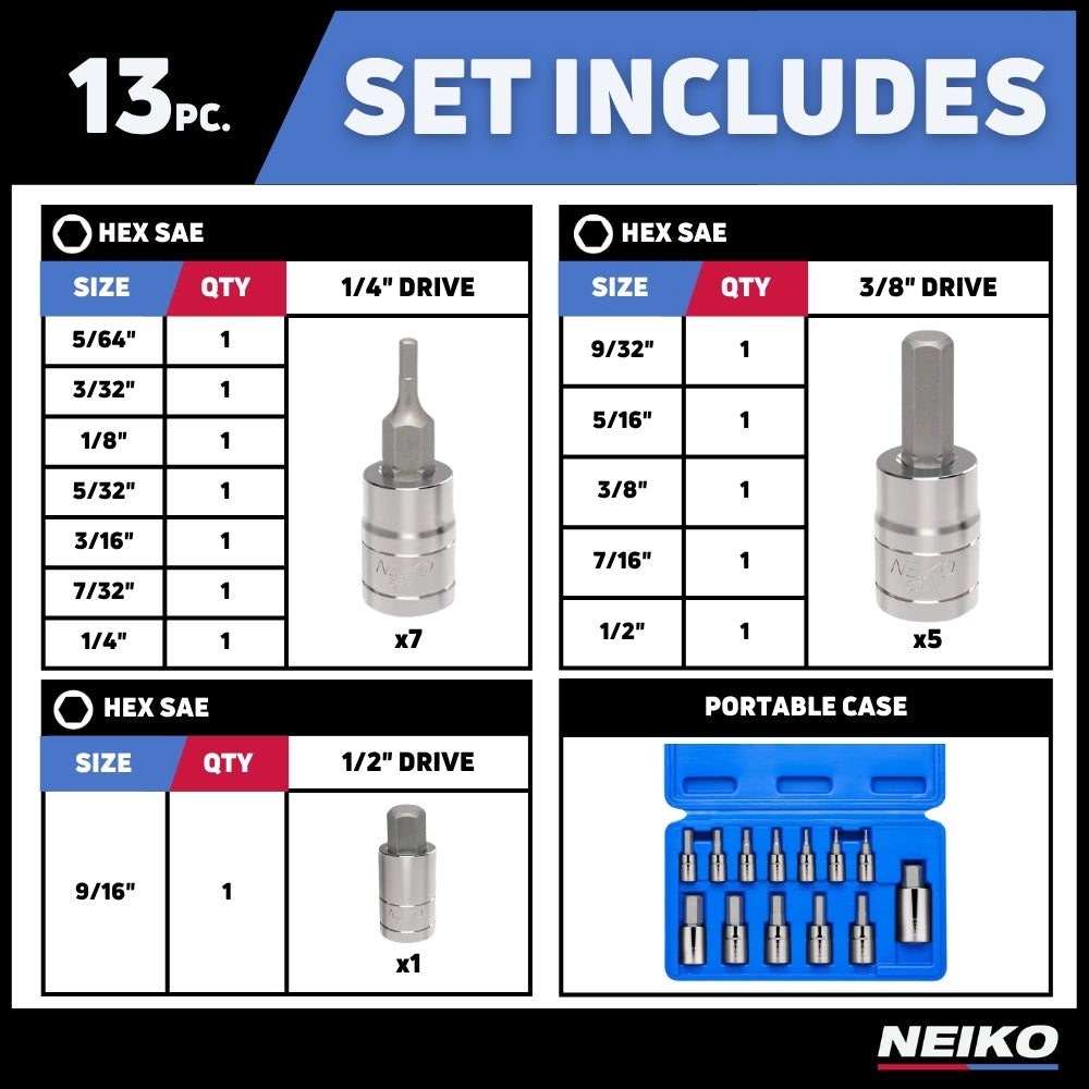 SAE Hex Bit Socket Set — S2 & CrV Steel, 1/4", 3/8" & 1/2" Drive (13-Piece)