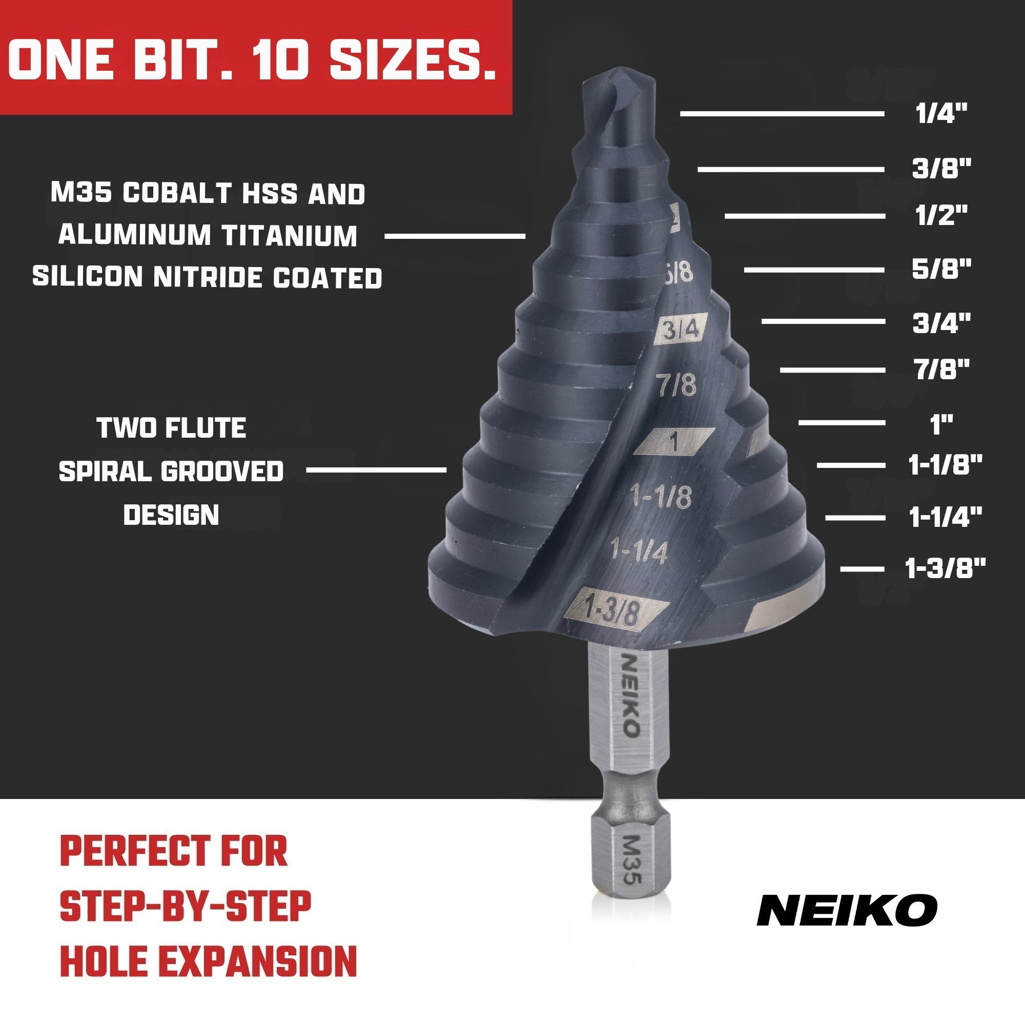 NEIKO 10174B Step Drill Bit, 10 Steps 1/4" to 1-3/8" Spiral M35 Cobalt, AlTiSiN Coated, 1/4" Quick Change Step Bits for Steel, Metal, Wood, Plastic, Unibit Cone Drill Bits, Two Flute