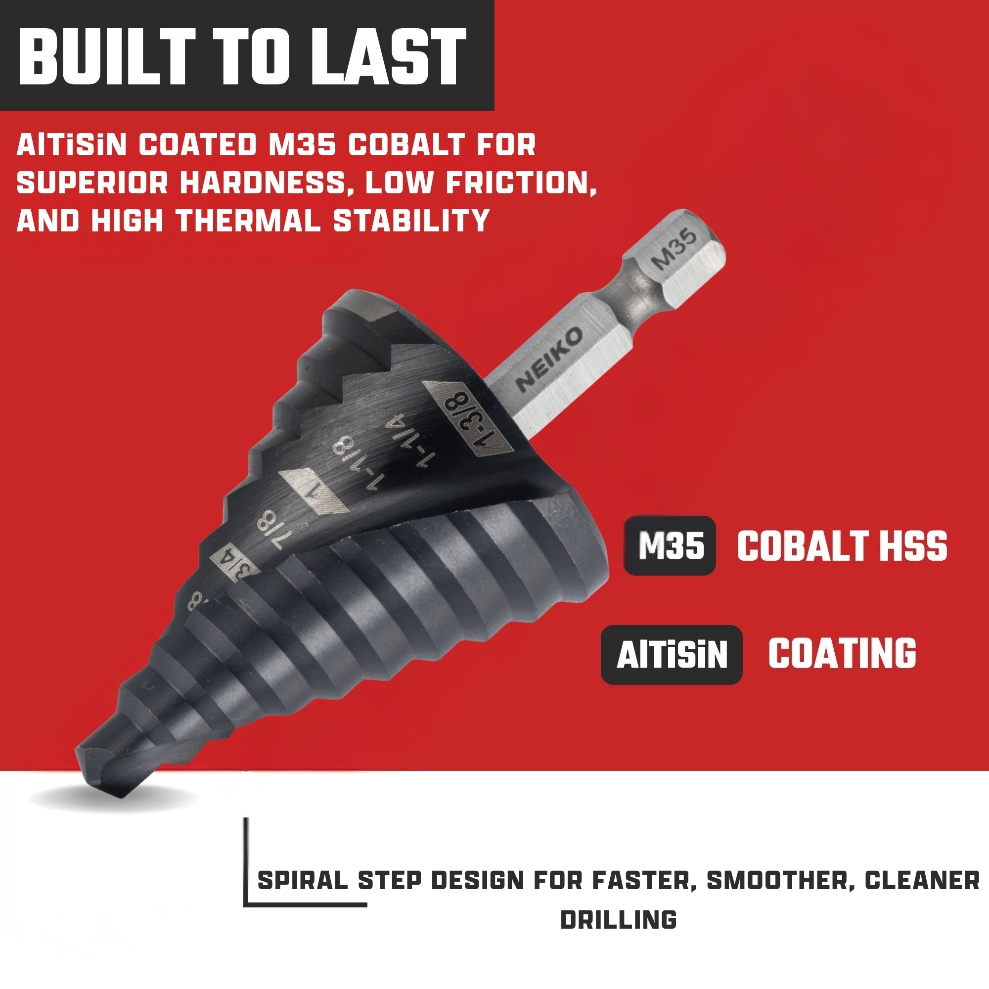 NEIKO 10174B Step Drill Bit, 10 Steps 1/4" to 1-3/8" Spiral M35 Cobalt, AlTiSiN Coated, 1/4" Quick Change Step Bits for Steel, Metal, Wood, Plastic, Unibit Cone Drill Bits, Two Flute
