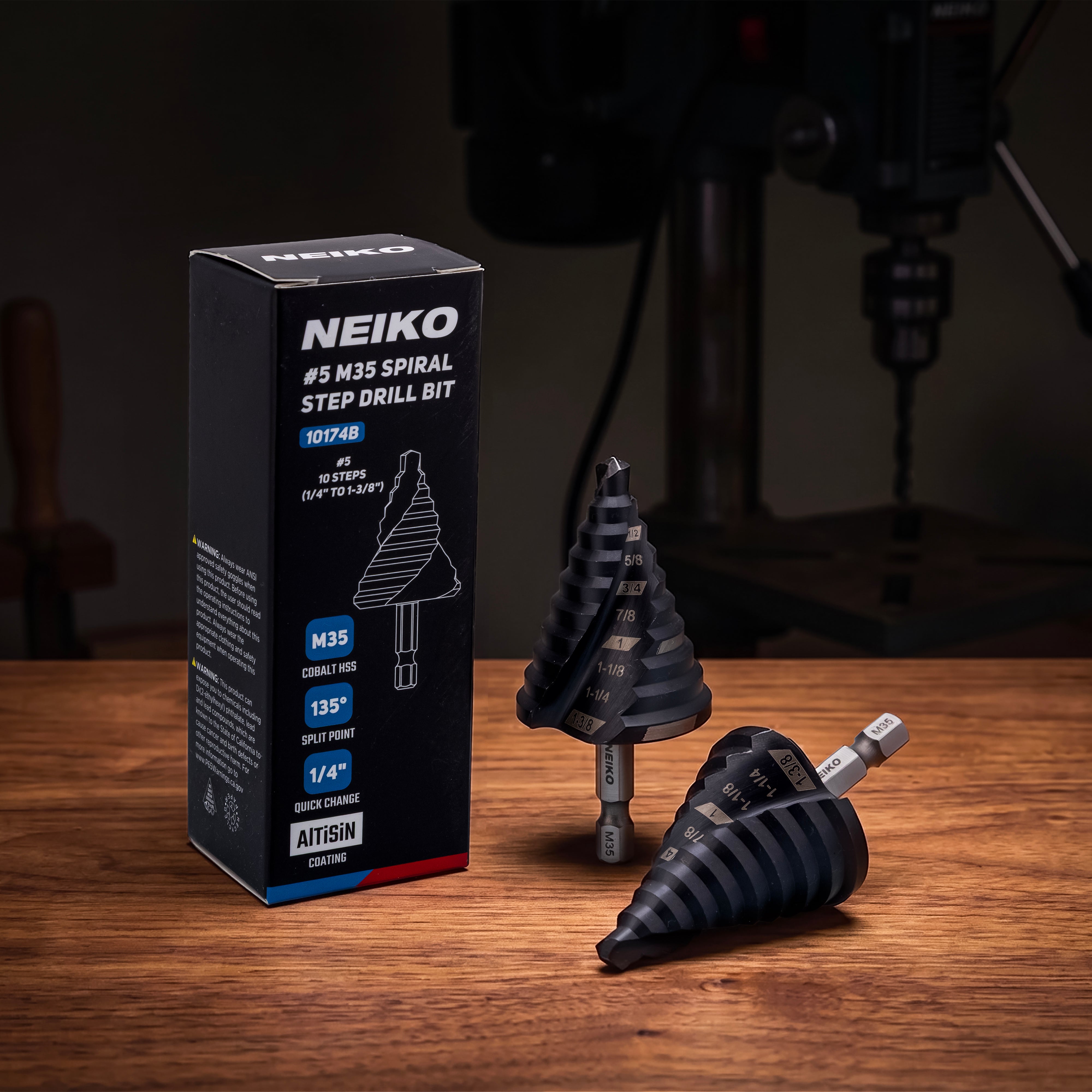 NEIKO 10174B Step Drill Bit, 10 Steps 1/4" to 1-3/8" Spiral M35 Cobalt, AlTiSiN Coated, 1/4" Quick Change Step Bits for Steel, Metal, Wood, Plastic, Unibit Cone Drill Bits, Two Flute