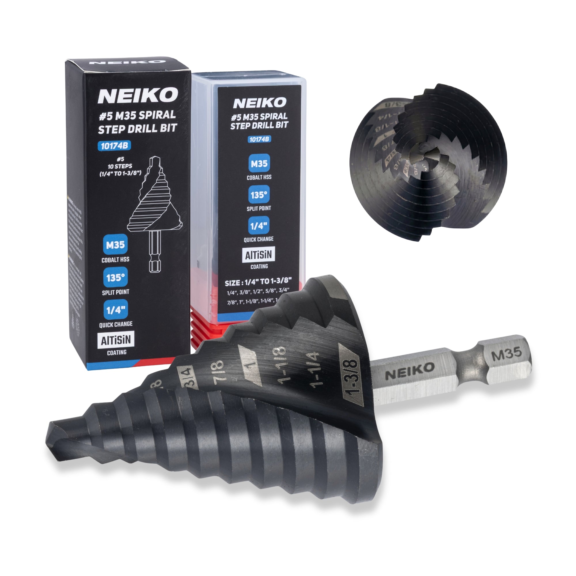 NEIKO 10174B Step Drill Bit, 10 Steps 1/4" to 1-3/8" Spiral M35 Cobalt, AlTiSiN Coated, 1/4" Quick Change Step Bits for Steel, Metal, Wood, Plastic, Unibit Cone Drill Bits, Two Flute