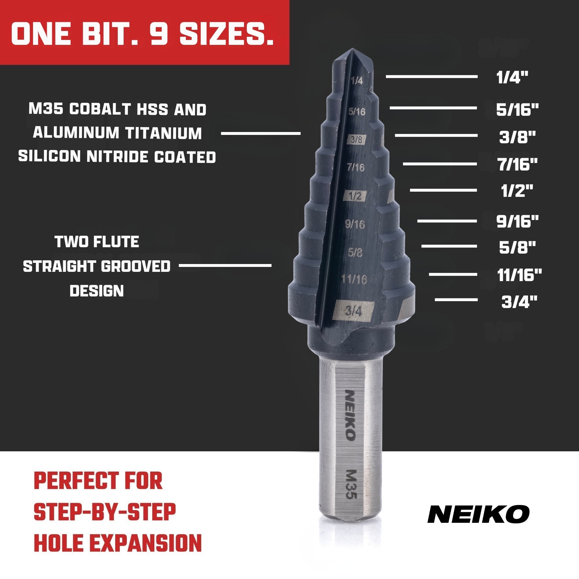 NEIKO 10184B Step Drill Bit, 9 Steps 1/4" to 3/4" Straight M35 Cobalt, AlTiSiN Coated, 3/8" Tri-Flat Step Bits for Steel, Metal, Wood, Plastic, Unibit Cone Drill Bits, Two Flute