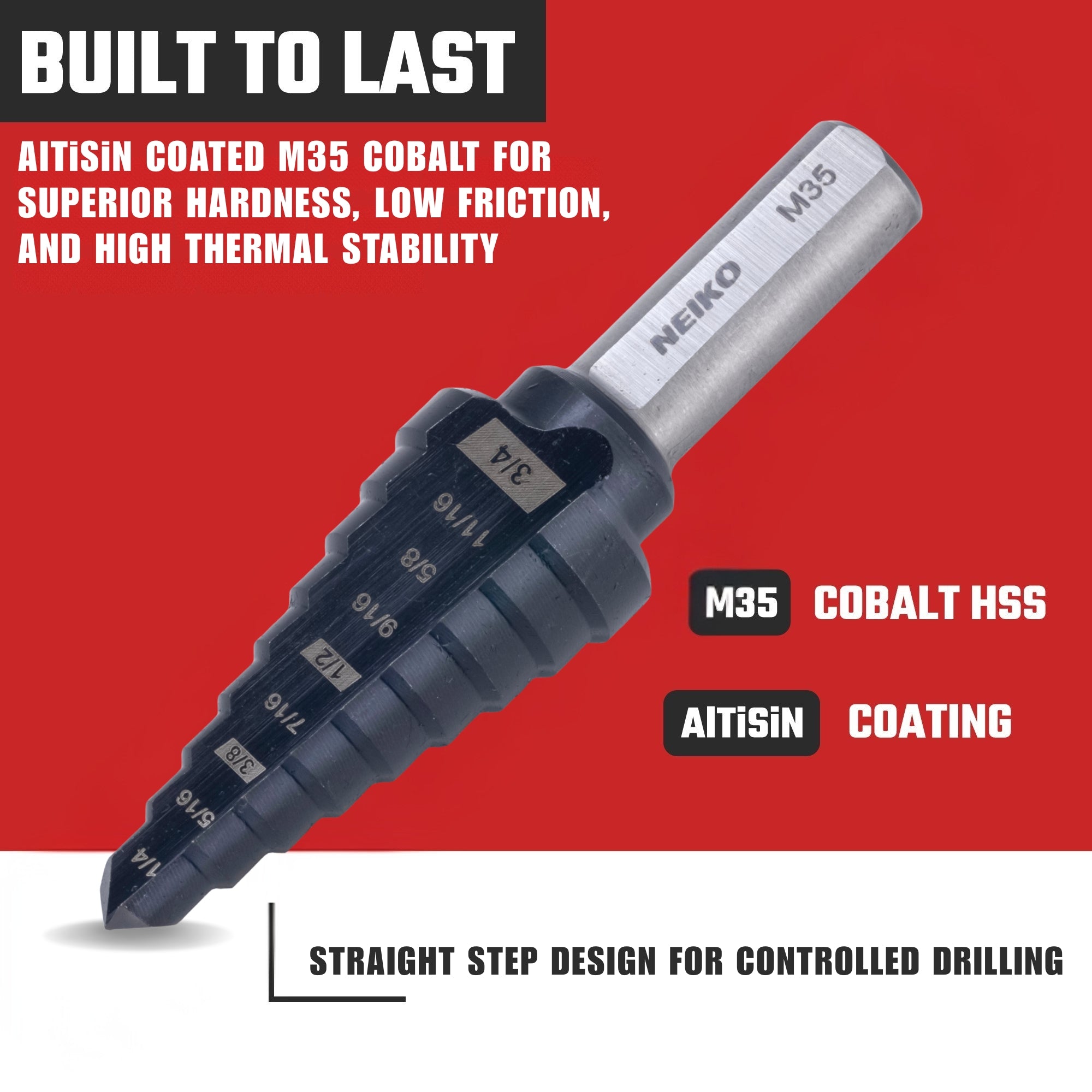 NEIKO 10184B Step Drill Bit, 9 Steps 1/4" to 3/4" Straight M35 Cobalt, AlTiSiN Coated, 3/8" Tri-Flat Step Bits for Steel, Metal, Wood, Plastic, Unibit Cone Drill Bits, Two Flute