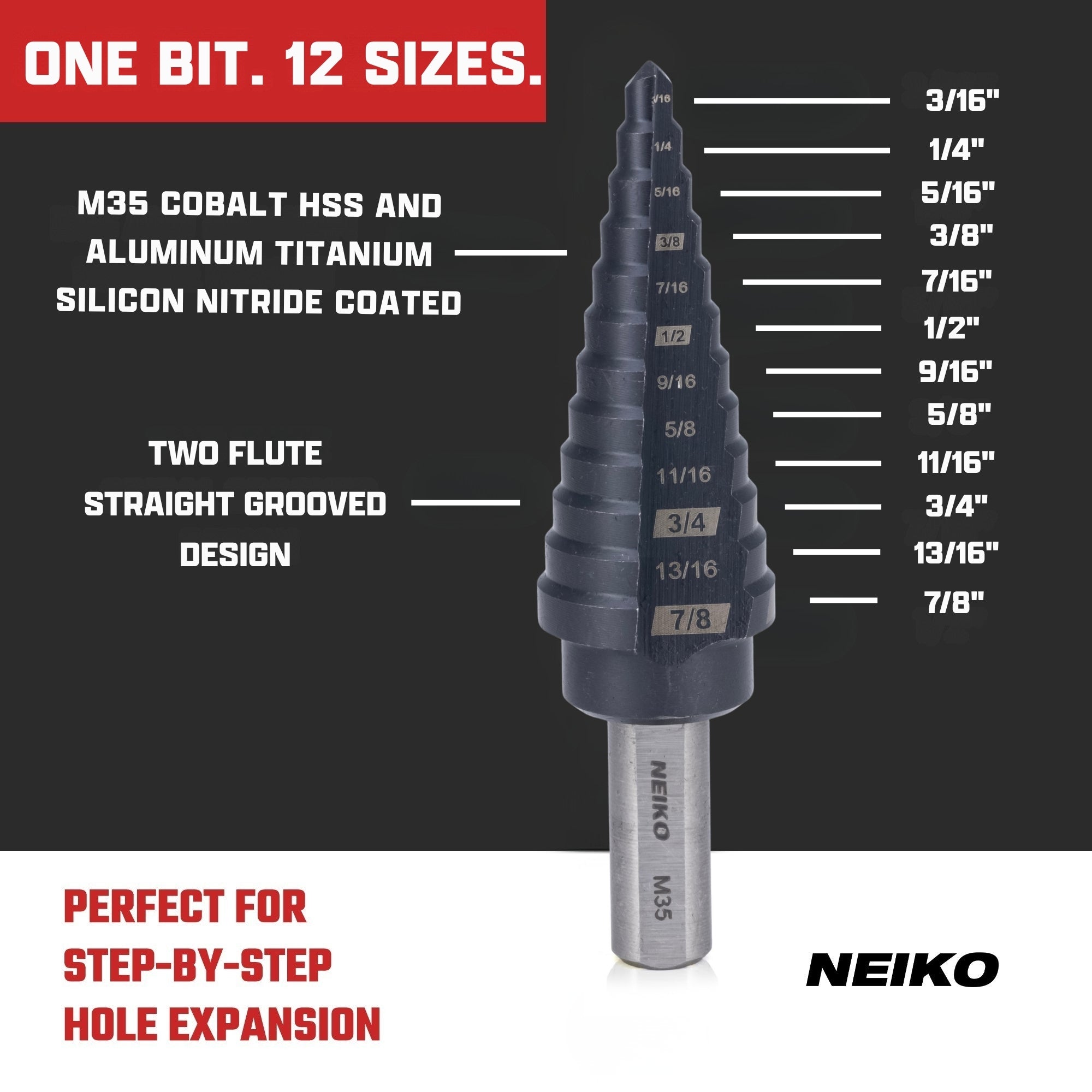 NEIKO 10185B Step Drill Bit, 12 Steps 3/16" to 7/8" Straight M35 Cobalt, AlTiSiN Coated, 3/8" Tri-Flat Step Bits for Steel, Metal, Wood, Plastic, Unibit Cone Drill Bits, Two Flute