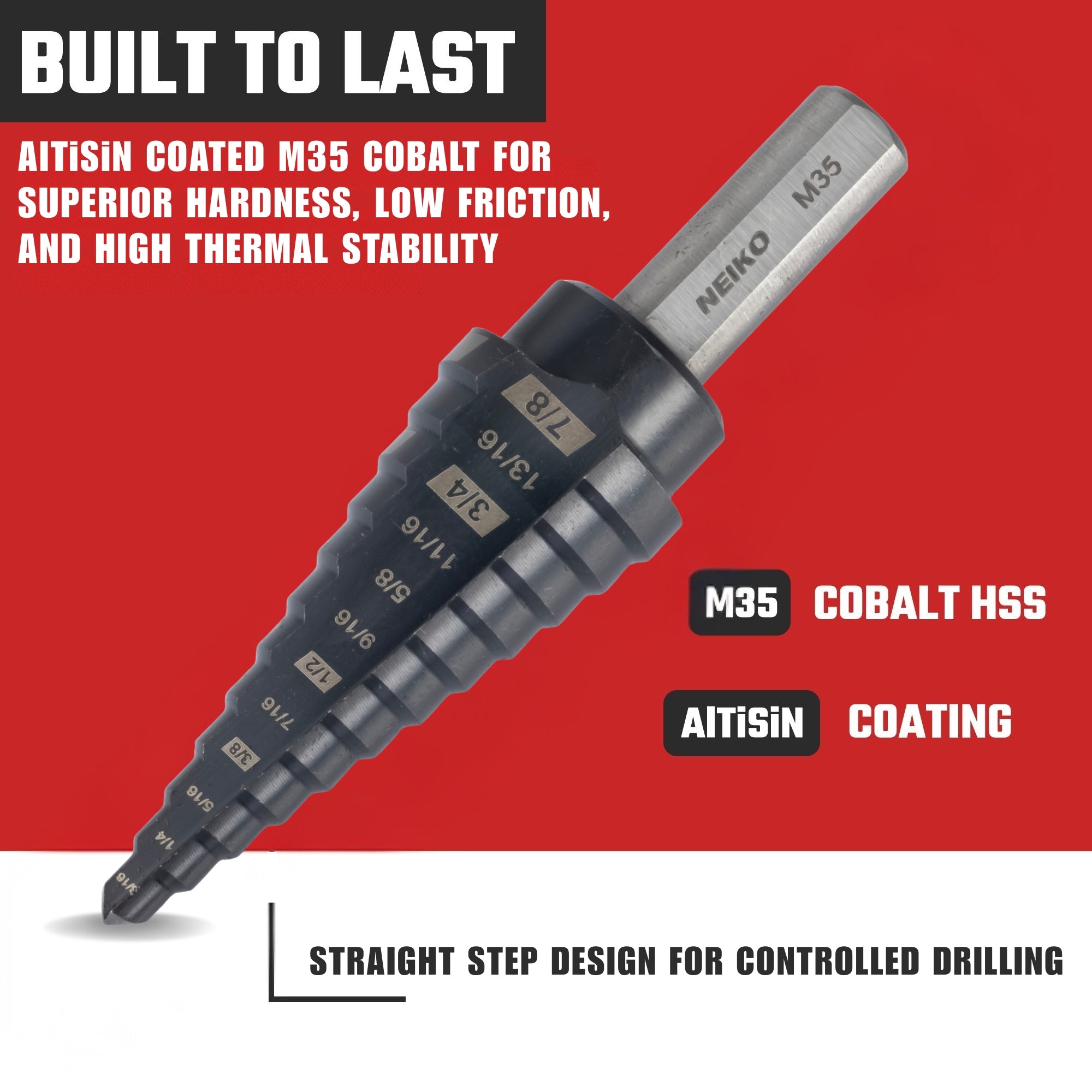 NEIKO 10185B Step Drill Bit, 12 Steps 3/16" to 7/8" Straight M35 Cobalt, AlTiSiN Coated, 3/8" Tri-Flat Step Bits for Steel, Metal, Wood, Plastic, Unibit Cone Drill Bits, Two Flute