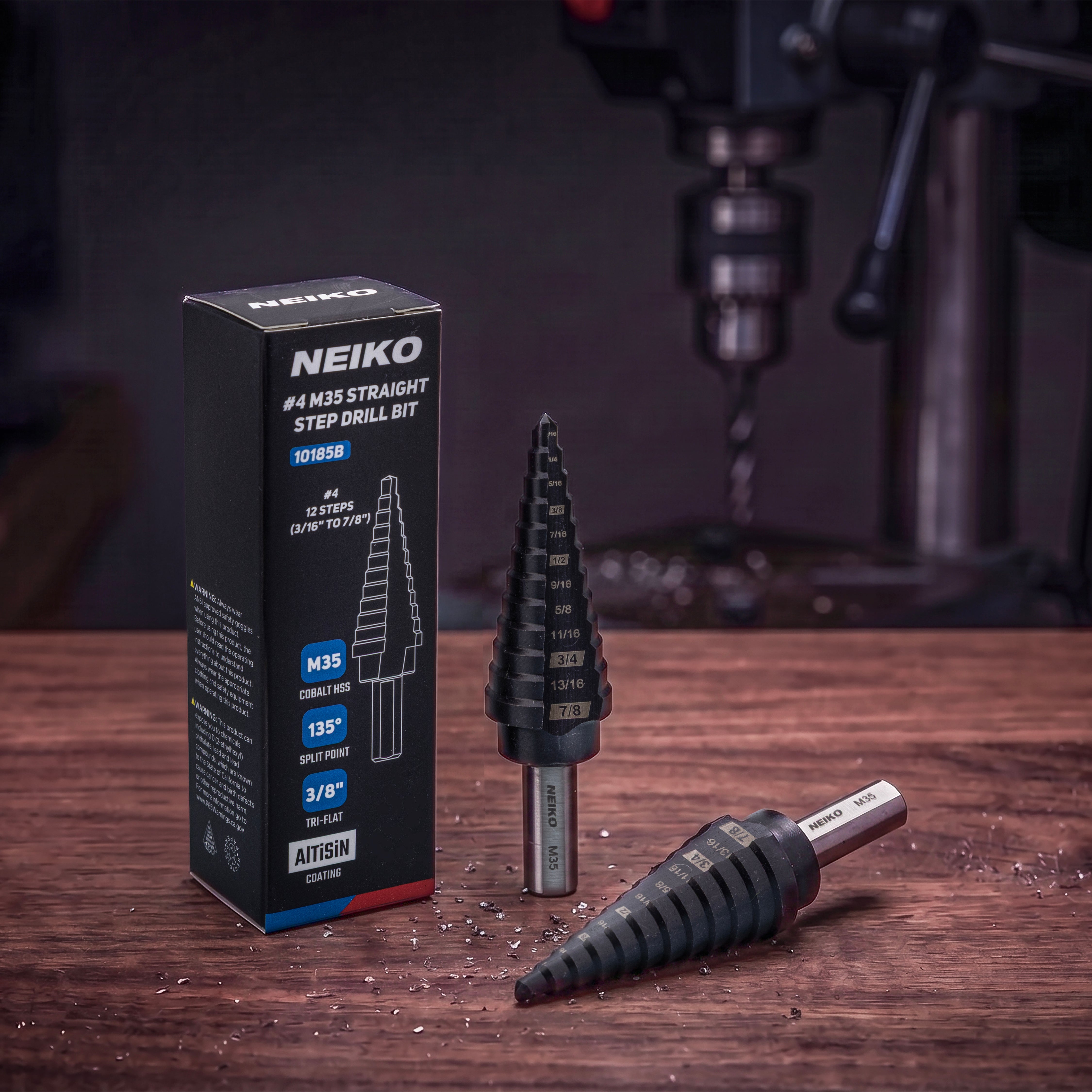 NEIKO 10185B Step Drill Bit, 12 Steps 3/16" to 7/8" Straight M35 Cobalt, AlTiSiN Coated, 3/8" Tri-Flat Step Bits for Steel, Metal, Wood, Plastic, Unibit Cone Drill Bits, Two Flute