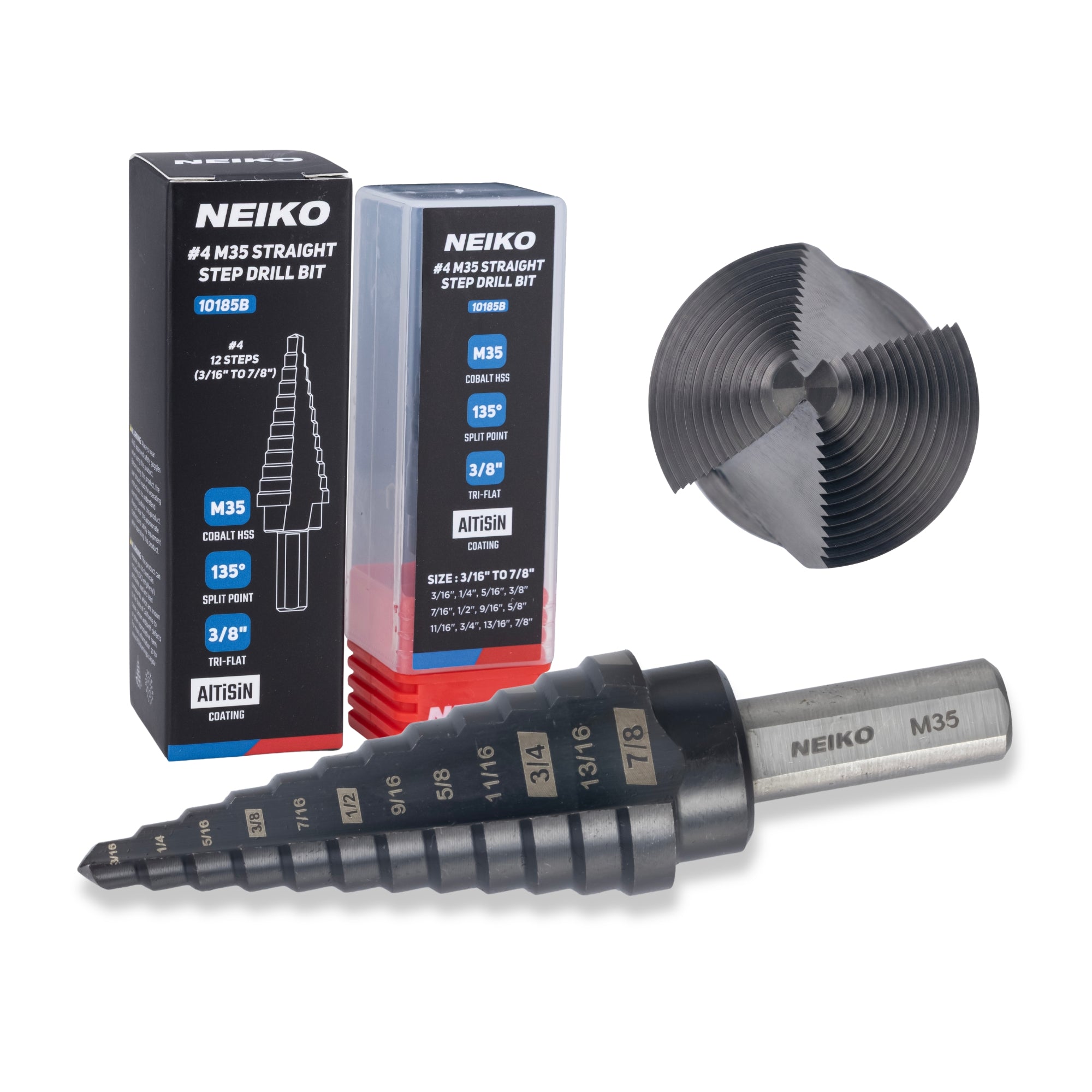 NEIKO 10185B Step Drill Bit, 12 Steps 3/16" to 7/8" Straight M35 Cobalt, AlTiSiN Coated, 3/8" Tri-Flat Step Bits for Steel, Metal, Wood, Plastic, Unibit Cone Drill Bits, Two Flute