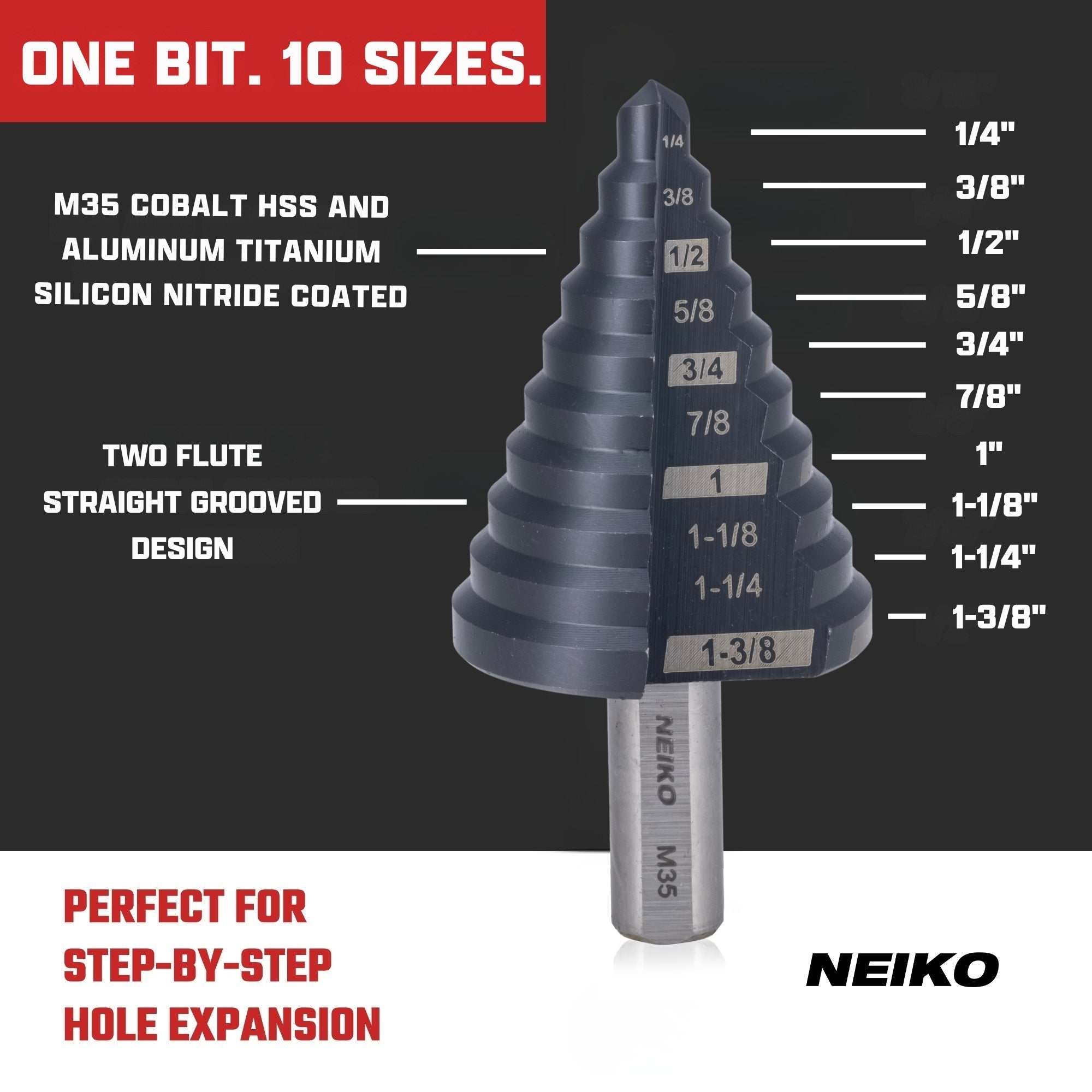 NEIKO 10194B Step Drill Bit, 10 Steps 1/4" to 1-3/8" Straight M35 Cobalt, AlTiSiN Coated, 3/8" Tri-Flat Step Bits for Steel, Metal, Wood, Plastic, Unibit Cone Drill Bits, Two Flute