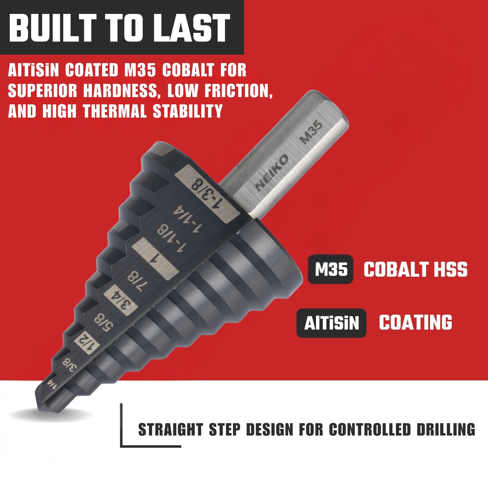 NEIKO 10194B Step Drill Bit, 10 Steps 1/4" to 1-3/8" Straight M35 Cobalt, AlTiSiN Coated, 3/8" Tri-Flat Step Bits for Steel, Metal, Wood, Plastic, Unibit Cone Drill Bits, Two Flute