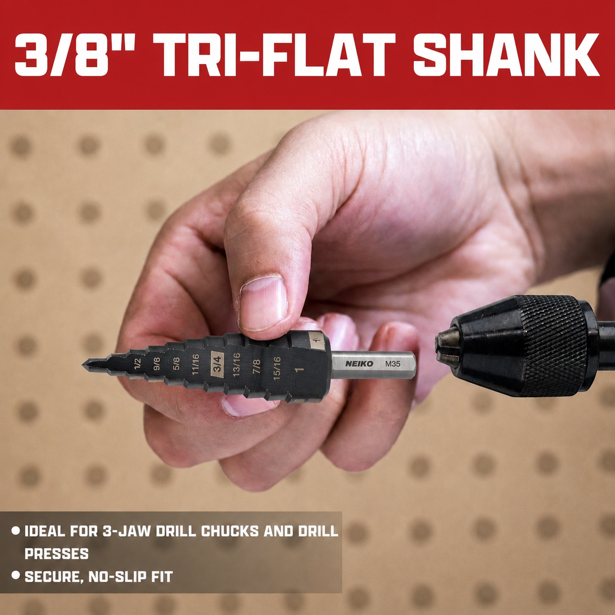NEIKO 10194B Step Drill Bit, 10 Steps 1/4" to 1-3/8" Straight M35 Cobalt, AlTiSiN Coated, 3/8" Tri-Flat Step Bits for Steel, Metal, Wood, Plastic, Unibit Cone Drill Bits, Two Flute