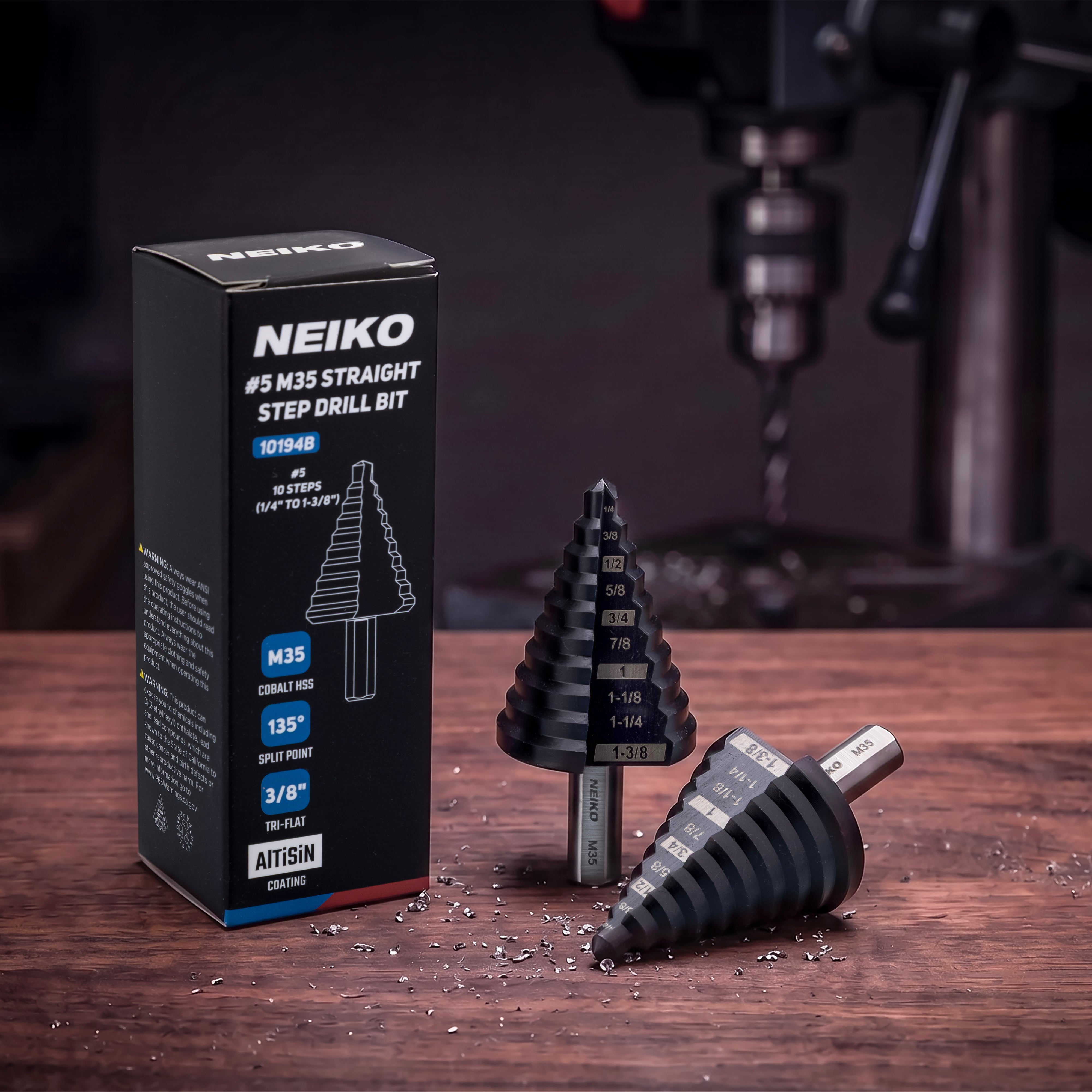 NEIKO 10194B Step Drill Bit, 10 Steps 1/4" to 1-3/8" Straight M35 Cobalt, AlTiSiN Coated, 3/8" Tri-Flat Step Bits for Steel, Metal, Wood, Plastic, Unibit Cone Drill Bits, Two Flute