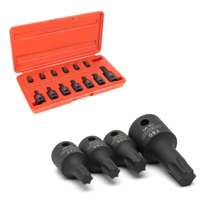 NEIKO 10281B Impact Torx Bit Socket Set, 1/4", 3/8", and 1/2" Drive, 6 Point Star Sockets, Heavy Duty Impact Grade Cr-Mo, T10 to T60 High Impact, Professional Grade Auto & Motorcycle Mechanic Socket Set