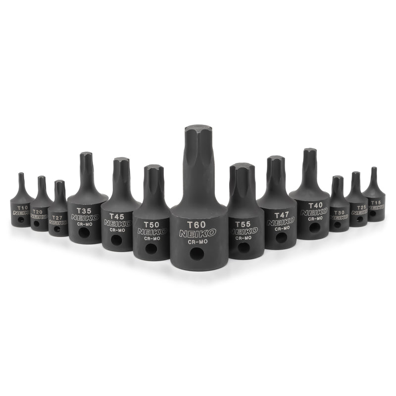 NEIKO 10281B Impact Torx Bit Socket Set, 1/4", 3/8", and 1/2" Drive, 6 Point Star Sockets, Heavy Duty Impact Grade Cr-Mo, T10 to T60 High Impact, Professional Grade Auto & Motorcycle Mechanic Socket Set