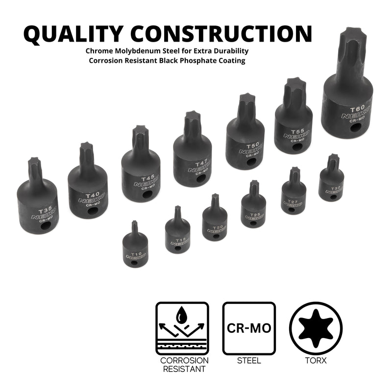 NEIKO 10281B Impact Torx Bit Socket Set, 1/4", 3/8", and 1/2" Drive, 6 Point Star Sockets, Heavy Duty Impact Grade Cr-Mo, T10 to T60 High Impact, Professional Grade Auto & Motorcycle Mechanic Socket Set