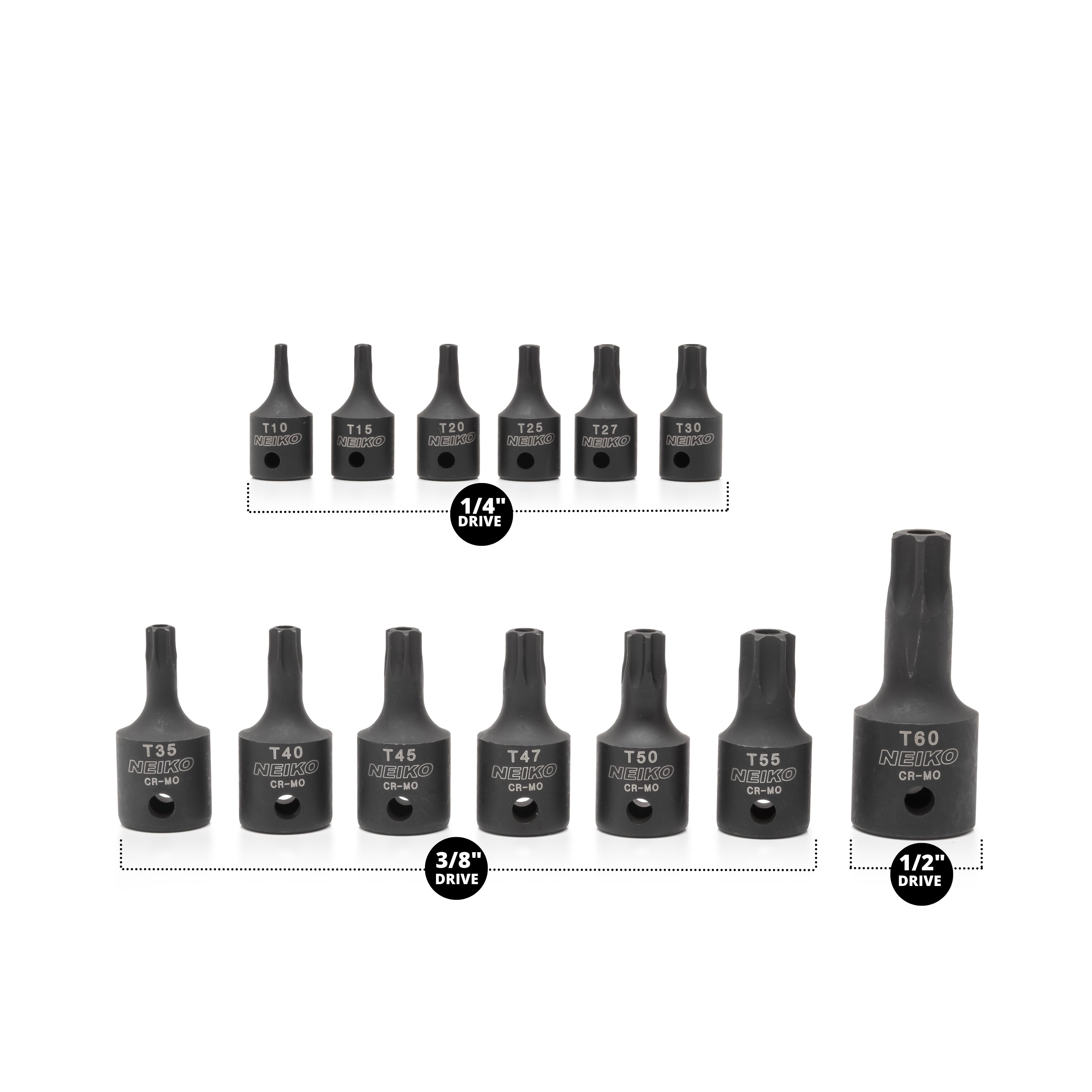 Security Torx Impact Socket Set — Cr-Mo Steel, Tamperproof, 1/4", 3/8" & 1/2" Drive (13-Piece)