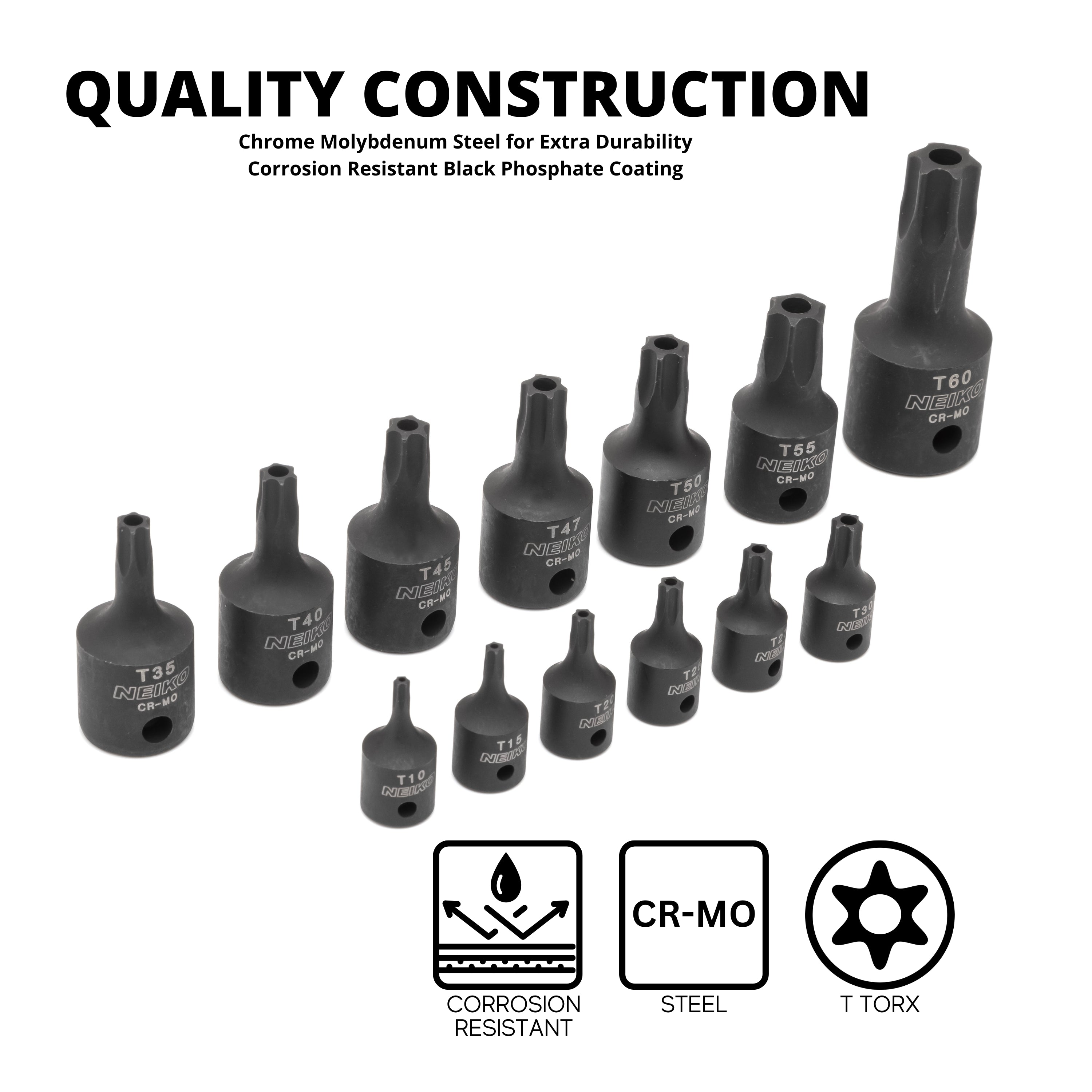 Security Torx Impact Socket Set — Cr-Mo Steel, Tamperproof, 1/4", 3/8" & 1/2" Drive (13-Piece)